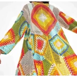 Farm Rio Geometric Multicolor Duster Granny Square Crochet Cardigan Sweater Med